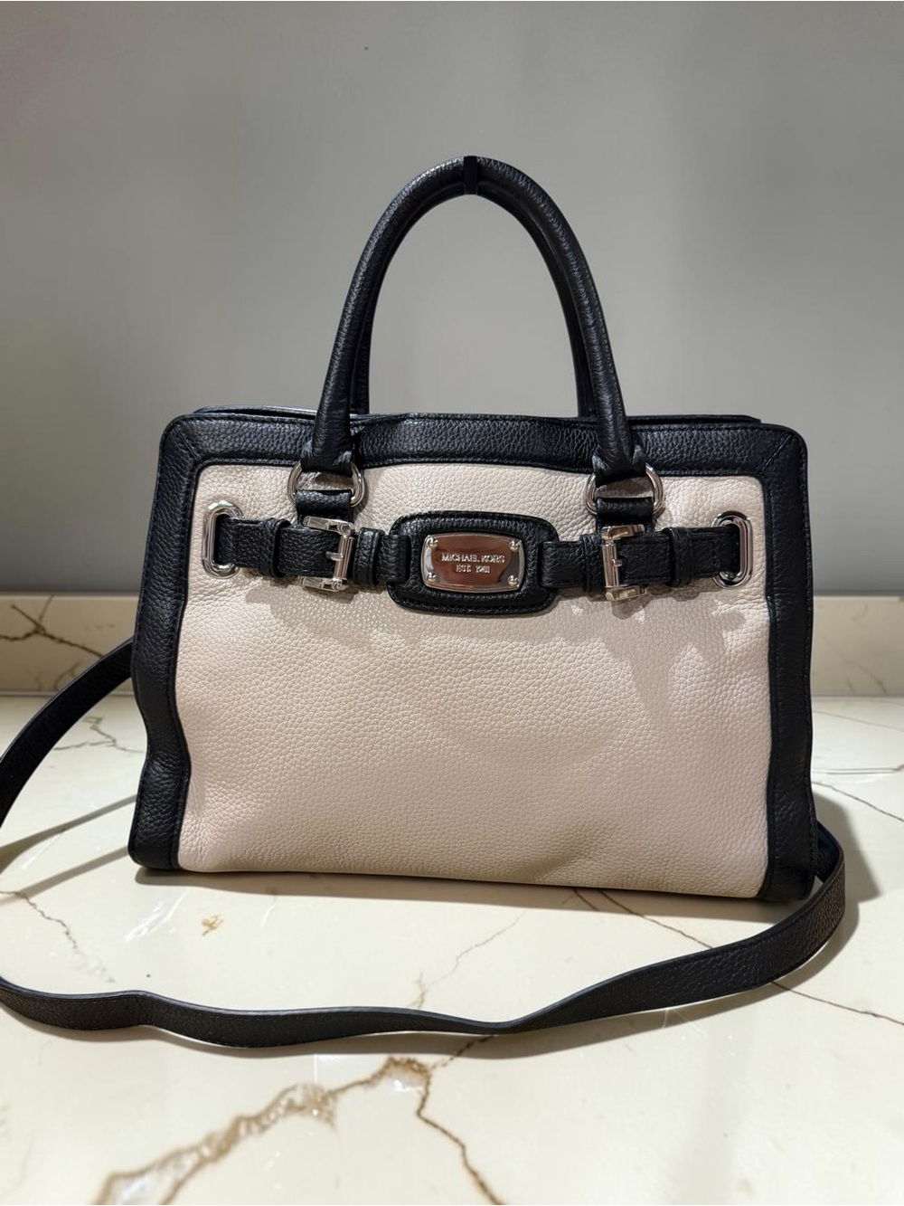Michael Kors Black & Cream Pebble Leather Satchel Crossbody Bag